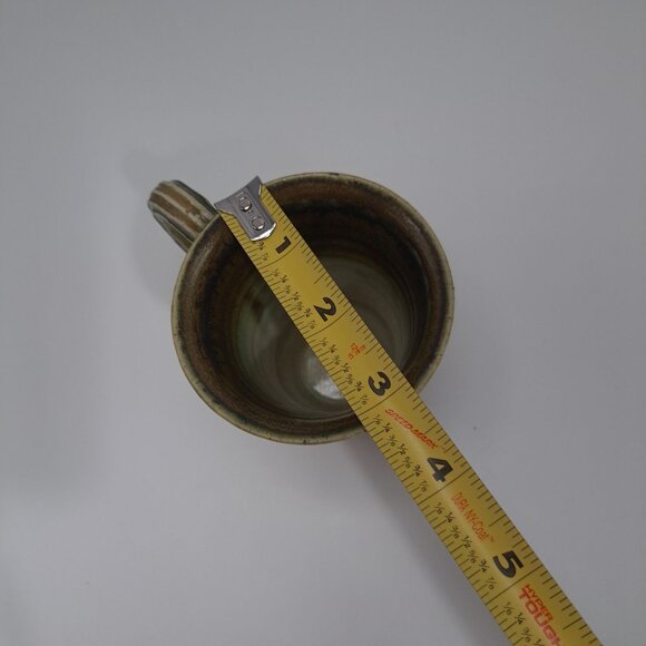 Studio Artisan Pottery Mug Green Brown Glaze Line Accent Coffee Cup Rustic - Picture 3 of 14